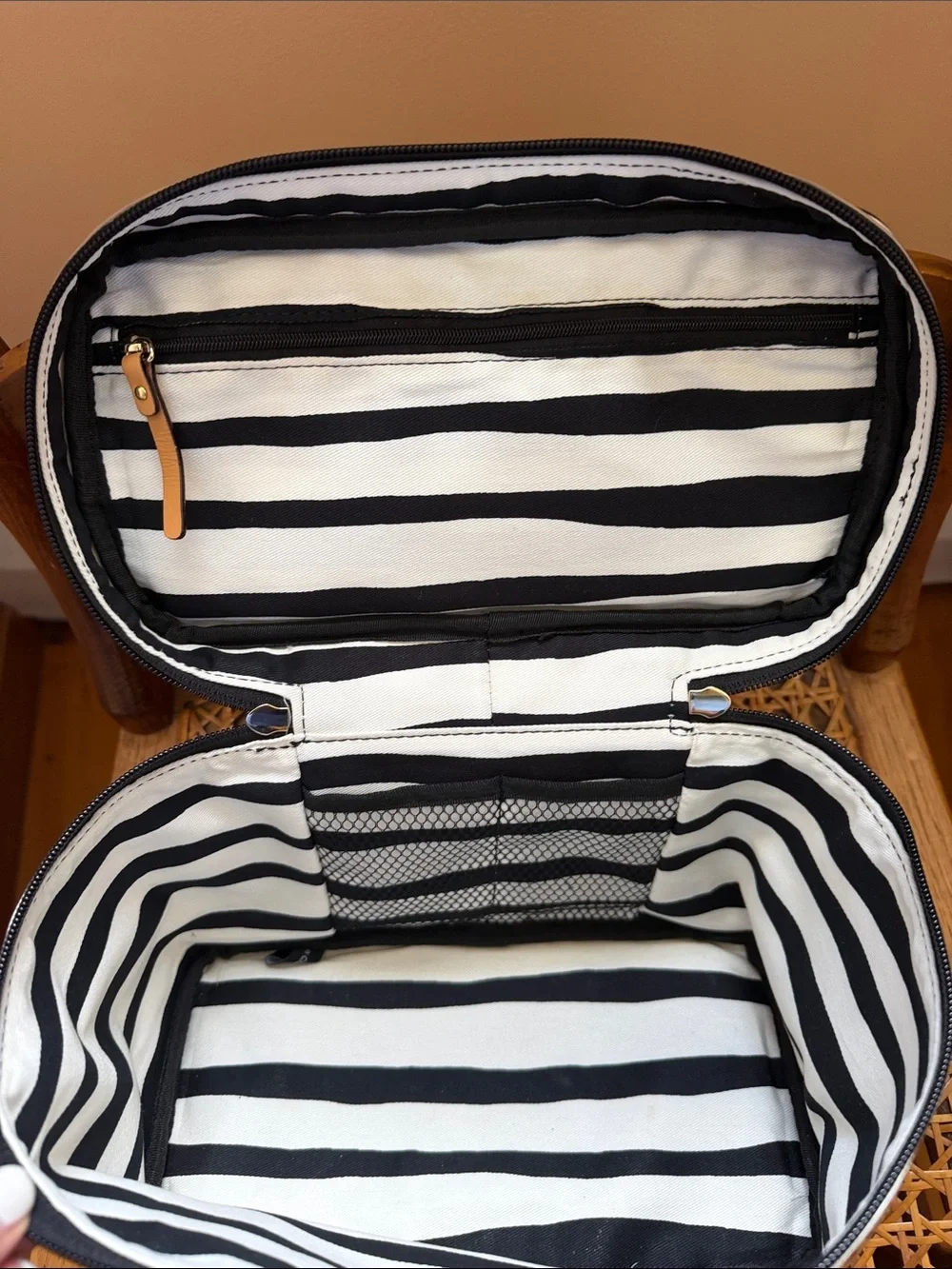 Frances Valentine Black and White Striped Cosmetic Case with Tan Pulls